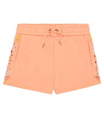 Chloé Kids' Embroidered Cotton Fleece Shorts In Orange