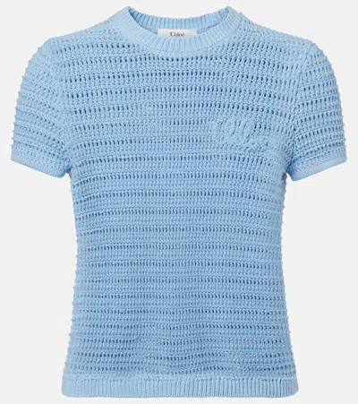 Chloé Embroidered Crocheted Cotton T-shirt In Blue