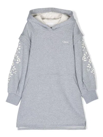 Chloé Kids' Embroidered-design Hooded Dress In Grey