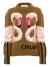 Chloé Hand Knit Flamingo Intarsia Wool Crewneck Sweater In Brown