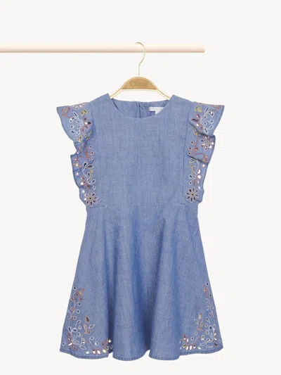 Chloé Embroidered Dress Blue Size 12 100% Cotton