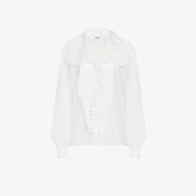 CHLOÉ CHEMISE LAVALLIÈRE BRODÉE EN POPELINE DE COTON FEMME BLANC TAILLE 38 100% COTON, TROCHUS NILOTICUS, 