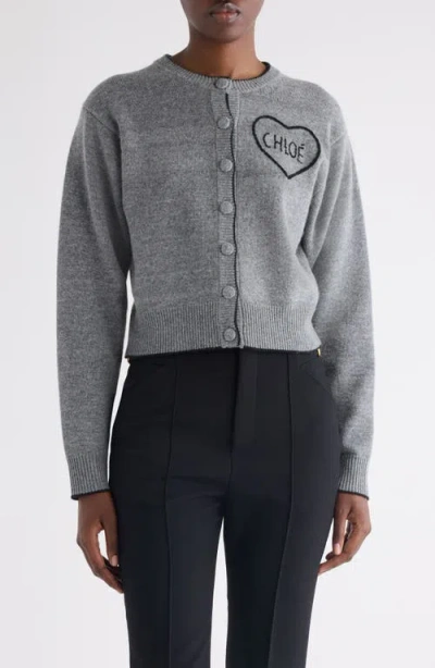 Chloé Wool And Cashmere Cardigan With Logo Knitwear Grey In Gray