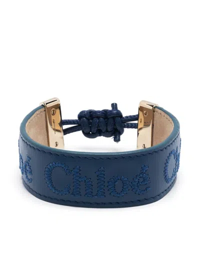 Chloé Embroidered-logo Leather Bracelet In Blue