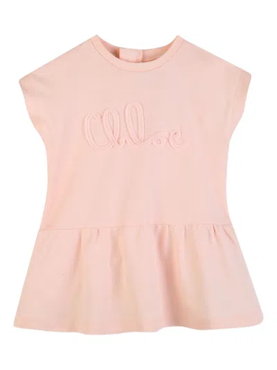 Chloé Embroidered Logo Mini Dress With Short Sleeves In Black