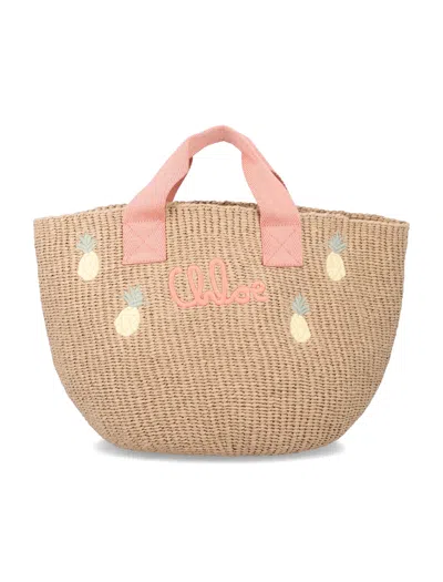 Chloé Embroidered Logo Tote Handbag With Two Handles In Nude