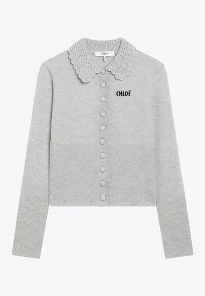 CHLOÉ LOGO-EMBROIDERED WOOL CARDIGAN