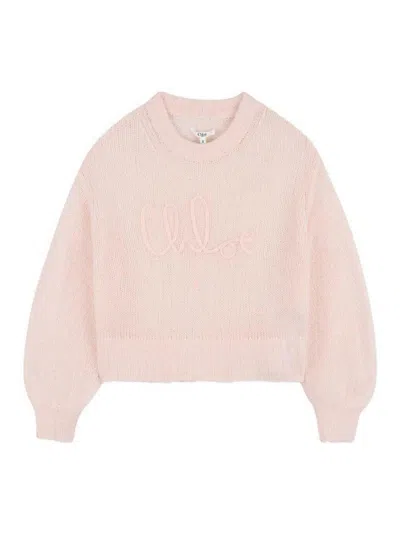 Chloé Kids' Wool Sweater With Embroidered Logo In Pink