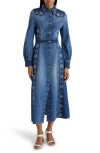 Chloé Embroidered Two-tone Denim Midi Shirt Dress In Multicolor Blue 1