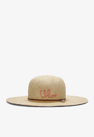 Chloé Raffia Hat With Embroidered Logo In Brown