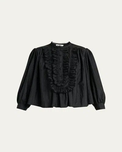 Chloé Embroidered Ruffle Taffeta Blouse In Black