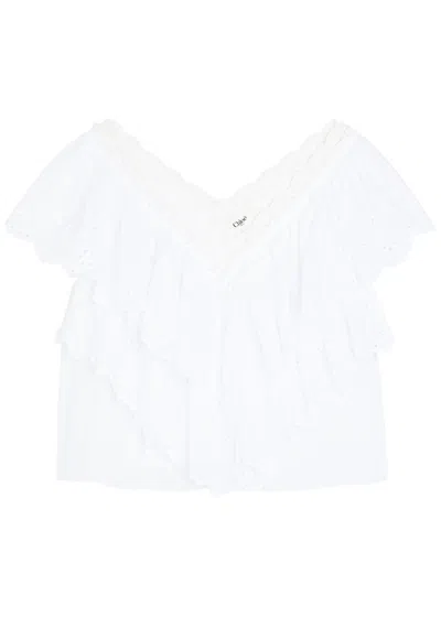 Chloé Chloe Embroidered Ruffled Cropped Cotton Top In White