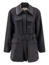 Chloé Wool Belted Jacket With Leather Collar Clothing In Gray