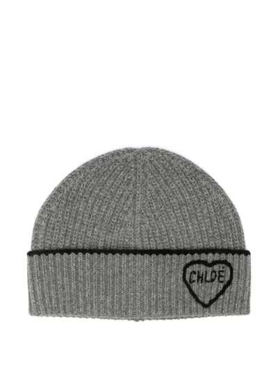 Chloé Womens Divine Grey Heart Knitted Wool And Cashmere Blend Beanie In Gray
