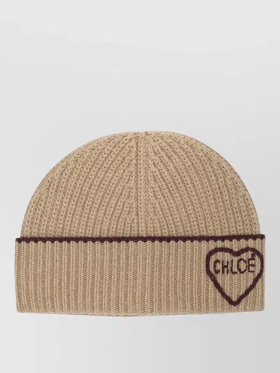 Chloé Encoeur Beanie Hat Ribbed Knit Turn Up In Neutral