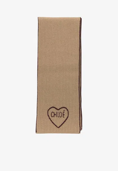 Chloé Encoeur Cashmere-wool Knit Scarf In Brown