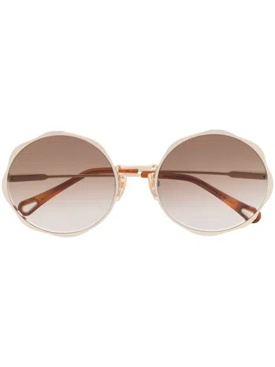 Chloé Engraved-logo Round-frame Sunglasses In Gold