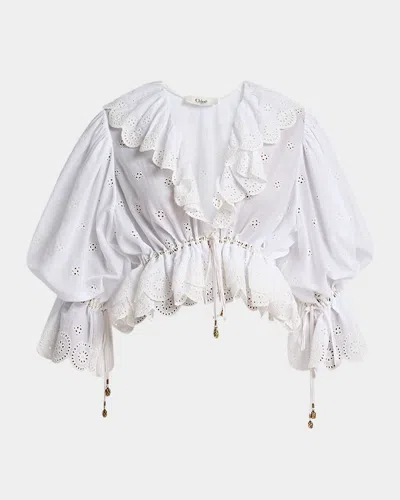 CHLOÉ EYELET COTTON RUFFLE CROP PEASANT BLOUSE