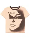 Chloé Multicolor Crewneck T-shirt With Maxi Graphic Print On The Front In Wool Blend Woman In Orange
