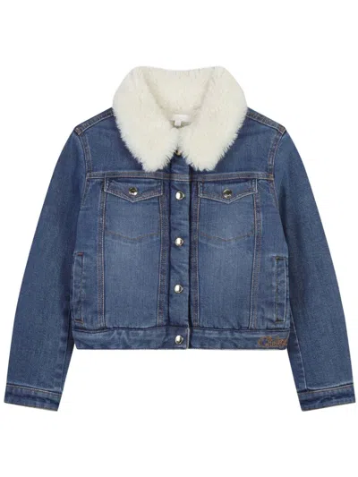 Chloé Kids' Faux-fur Collar Denim Jacket In Blue
