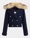 Chloé Crop Double Breasted Coat With Genuine Shearling Collar In Blue