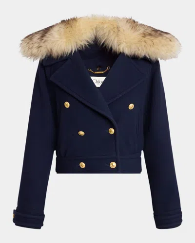 CHLOÉ FAUX-FUR COLLAR DOUBLE-BREASTED WOOL BOMBER JACKET