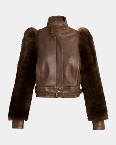 CHLOÉ FAUX FUR SLEEVES LEATHER BOMBER JACKET