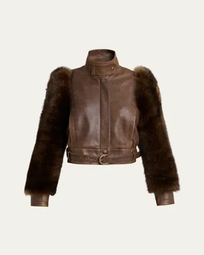 CHLOÉ FAUX FUR SLEEVES LEATHER BOMBER JACKET