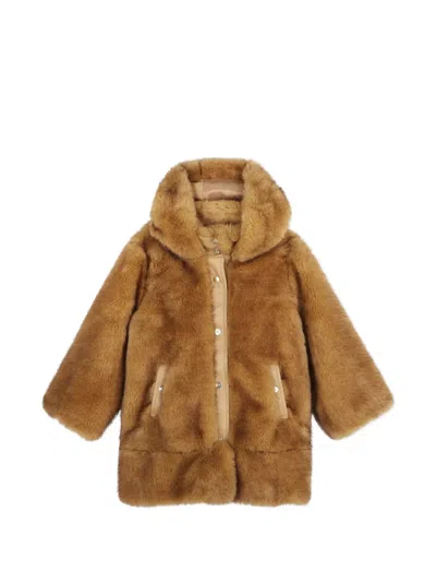 Chloé Kids' Faux-fur Hooded Coat In Brown