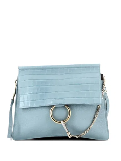 Pre-owned Chloé Faye Crocodile Embossed Leather With Leather Medium Shoulder Bag In Blue