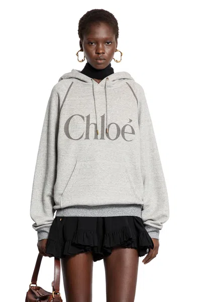 Chloé Felpa Con Cappuccio E Logo Oversize In Gray
