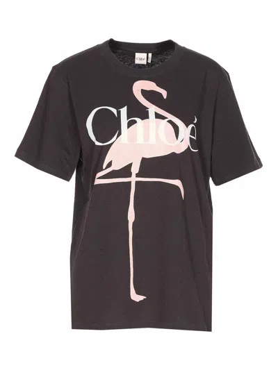 Chloé Fenicotteri Print And E Logo T-shirt In Brown