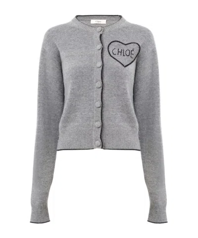 Chloé Fitted Crewneck Knitted Cardigan In Gray