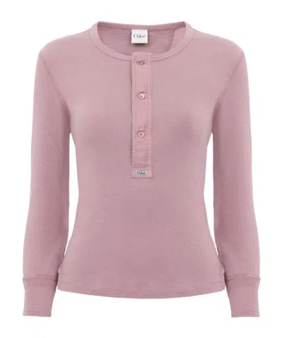 Chloé Fitted Henley Cotton Jersey Shirt Clothing In Pink