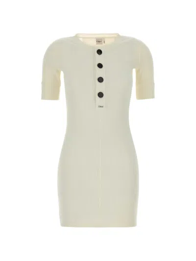 Chloé Fitted Henley Ribbed-knit Button-up Mini Dress In Neutral