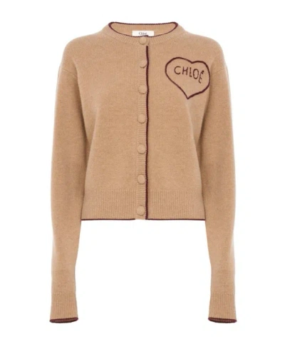 Chloé Fitted Logo Cardigan In A Wool  Cashmere Knit In Brown