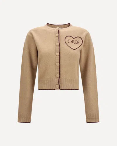 Chloé Fitted Logo Cardigan In Wool And Cashmere In Beige