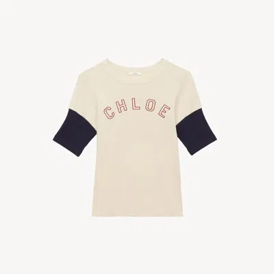 CHLOÉ FITTED LOGO T-SHIRT IN FLAMÉ COTTON WOOL WHITE SIZE XS 85% COTTON, 15% WOOL