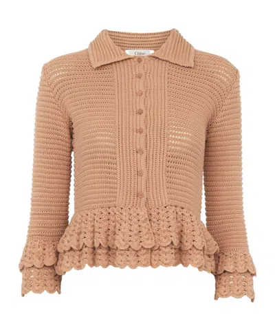 Chloé Cardigan Ajusté À Volants En Crochet Femme Rose Taille L 100% Coton, Pinctada Maxima, Farmed, Coo It In Pink