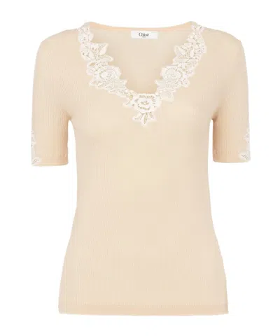 Chloé Fitted Short-sleeve Top In Guipure Lace Wool Knit In Powder