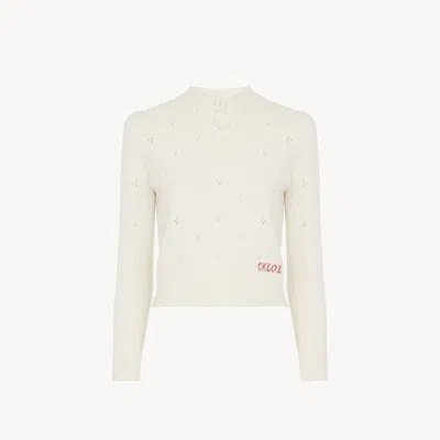 CHLOÉ FITTED SWEATER IN A WOOL & CASHMERE KNIT WHITE SIZE M 71% WOOL, 29% CASHMERE