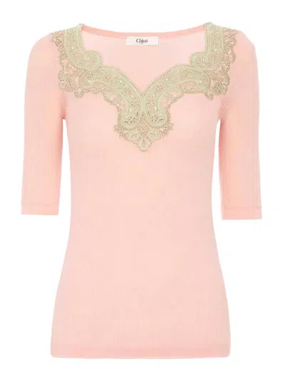 Chloé Fitted Sweater In Wool And Lace Knit In Pink