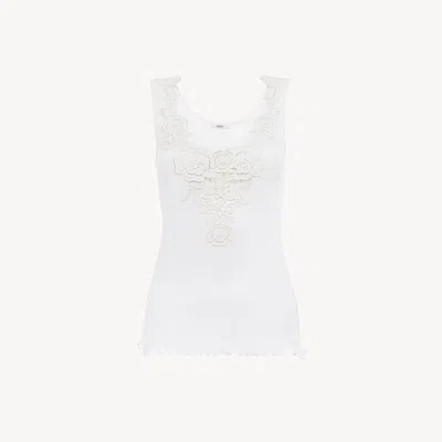Chloé Fitted Tank Top In Cotton Jersey & Guipure In White