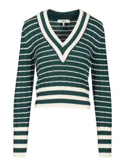 Chloé Fitted V-neck Sweater In Green
