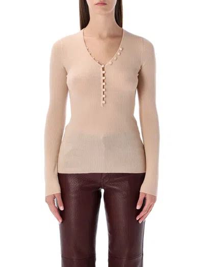 Chloé Fitted V-neck Top With Fabric-covered Buttons - Size S In Pink