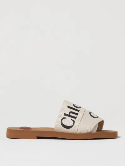 Chloé Woody Flat Logo Ribbon Slide Sandals In White