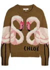 Chloé Hand Knit Flamingo Intarsia Wool Crewneck Sweater In Brown