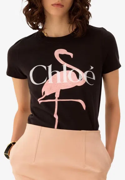 Chloé Flamingo And Logo Print T-shirt In Black