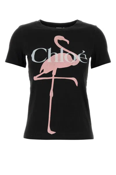 Chloé Flamingo Cotton Tshirt In Black