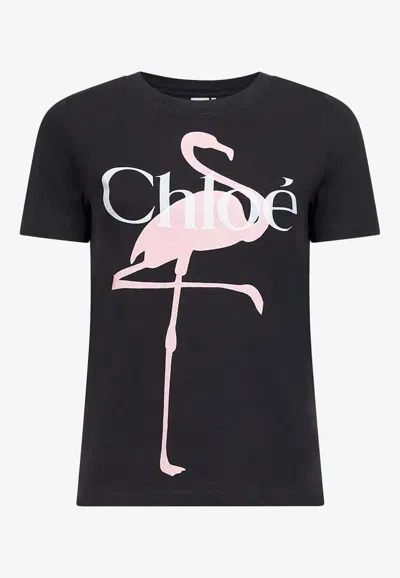 CHLOÉ FLAMINGO LOGO PRINT T-SHIRT